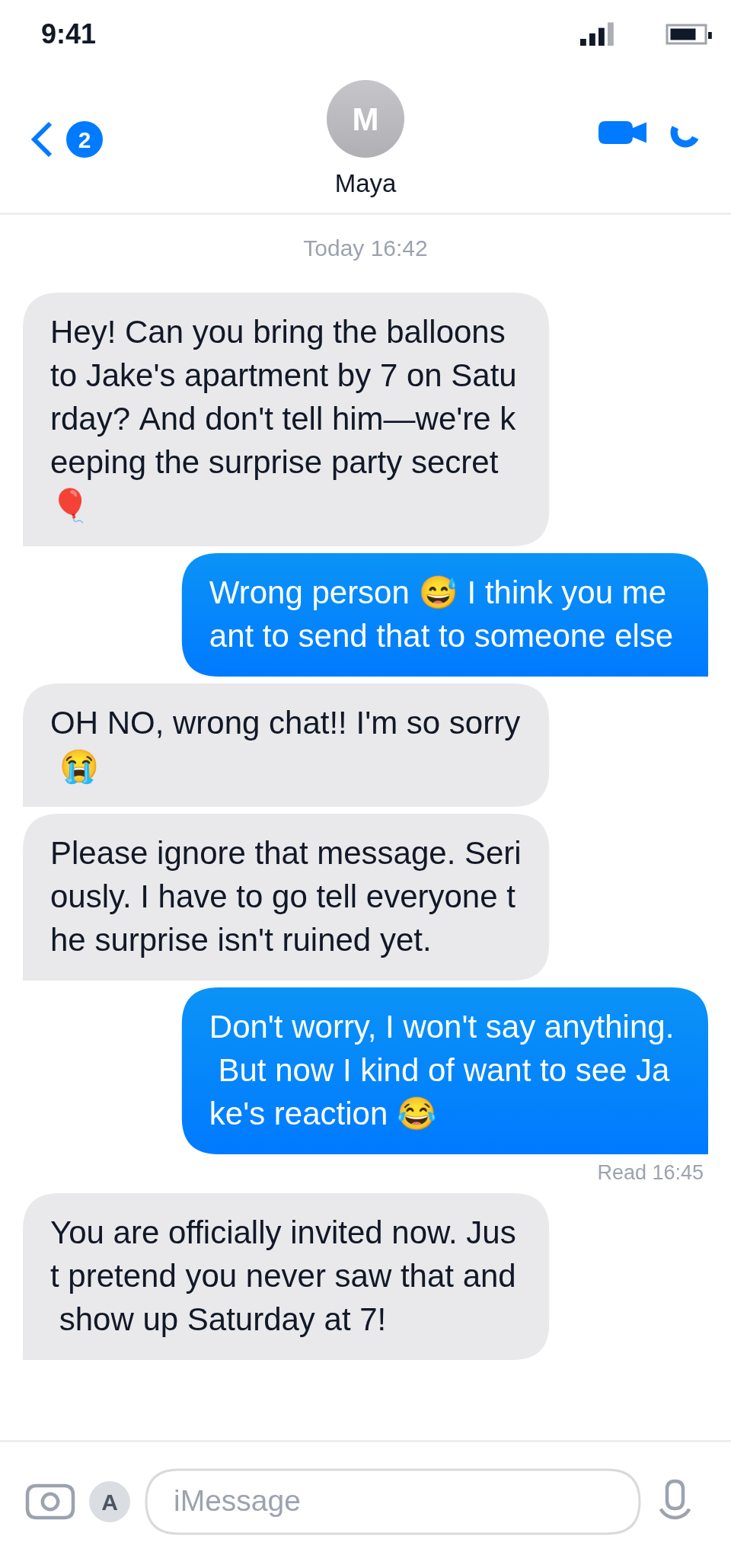 The same scenario after bubble-by-bubble editing: two messages rewritten to sharpen the wrong-number mix-up