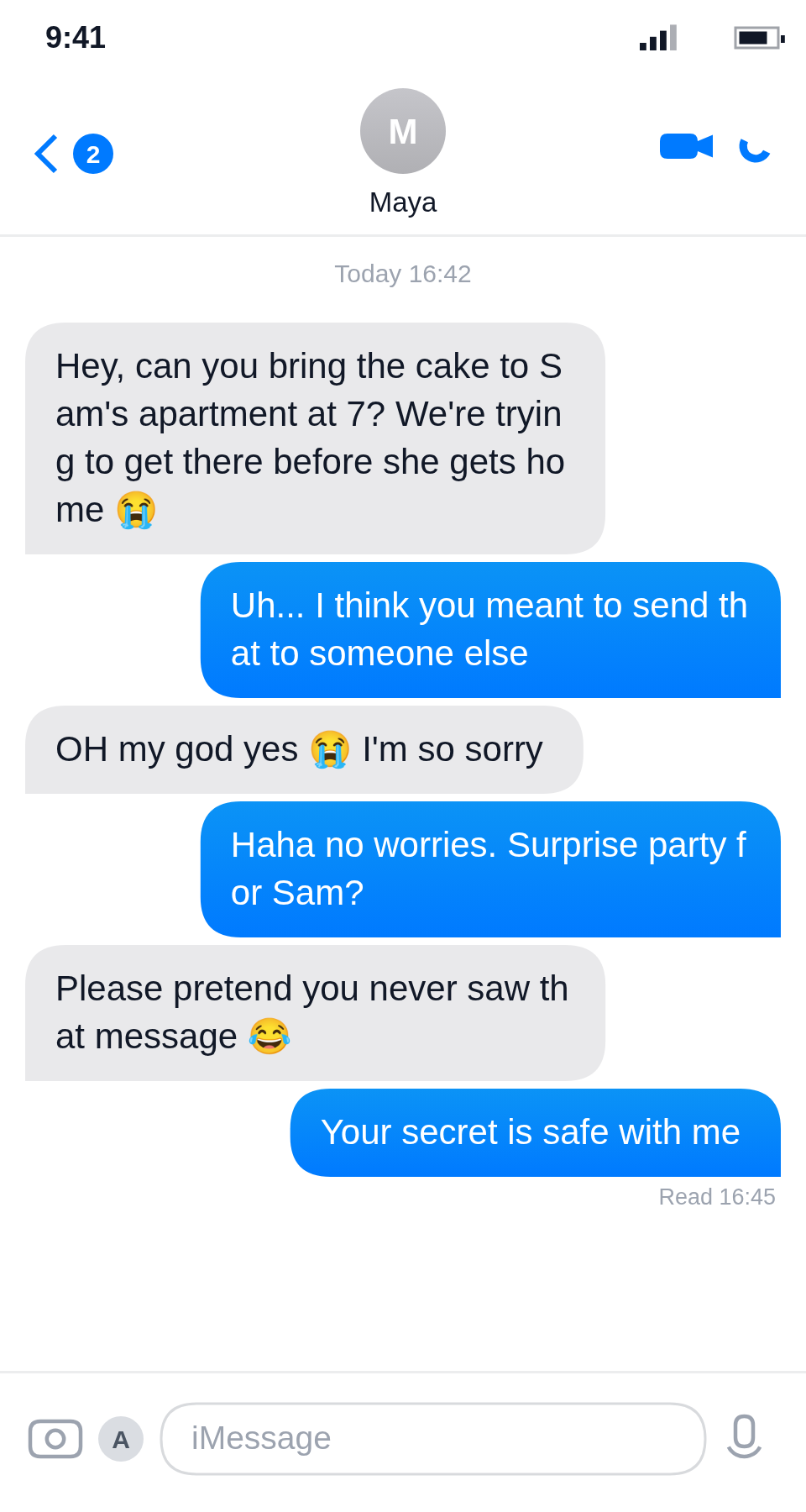 A generated iMessage thread from the surprise-party scenario, before editing